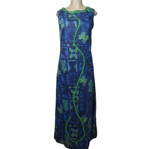 VTG 70s Hawaiian M L Tiki Polynesian Boho Retro Mod Luau Blue Maxi Hostess Dress